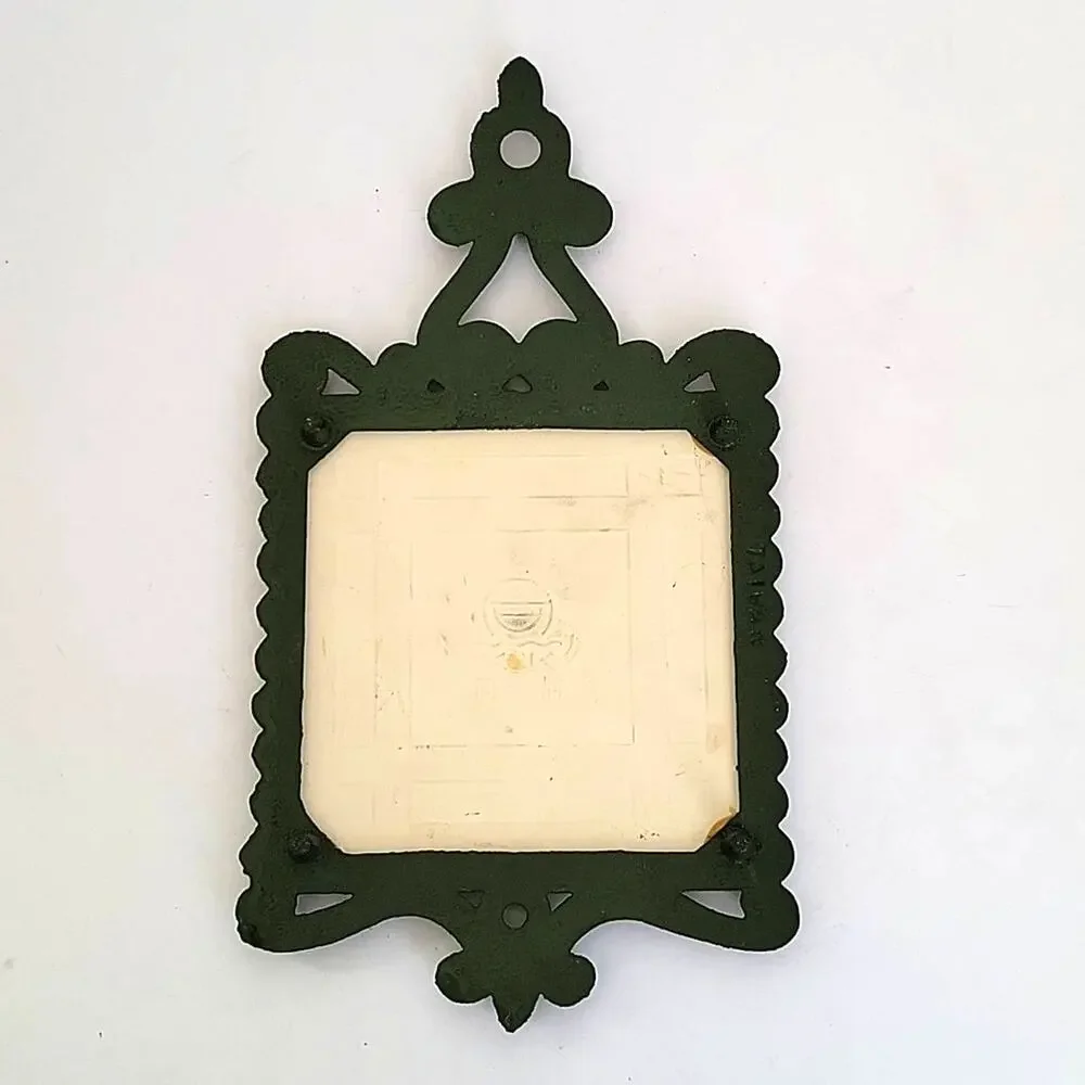 Vintage Mid Century Trivet Green Iron Cranberry Tile Footed Cottagecore Country